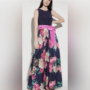 Eliza J Navy Maxi Dress with Pink Floral Skirt